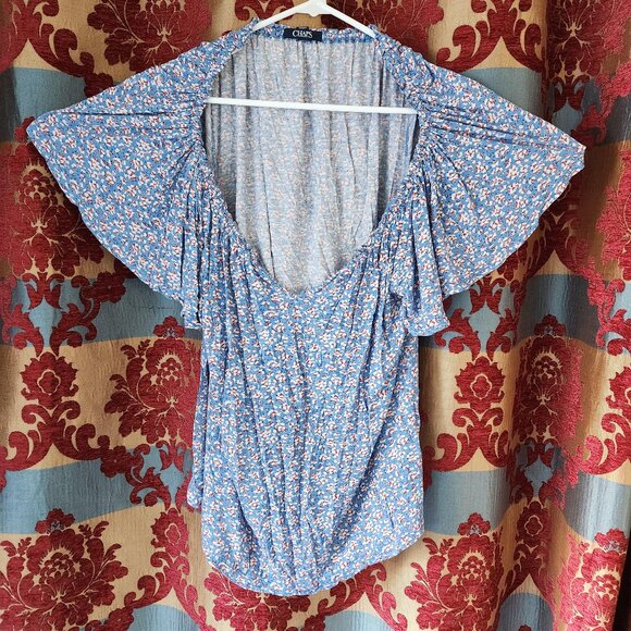 Chaps Floral Print Blouse 1X Blue with Red & White Flowers Flowy Sleeves - Picture 1 of 4
